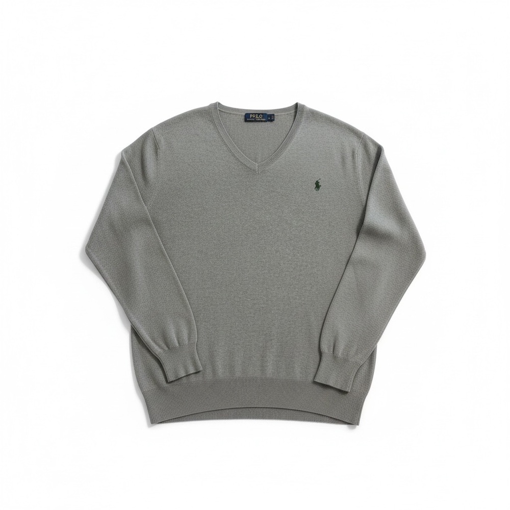 Ralph Lauren Men's V-Neck Sweater in Light Gray with Green Pony